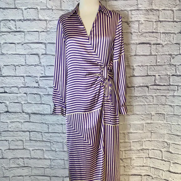 Mango (MNG) Satin Purple & Cream Striped Wrap Dress. Mid Length. Size 8. - Picture 7 of 15
